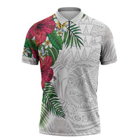 Hawaiian Tropical Plants Zipper Polo Shirt Kakau Tattoo and Polynesian Pattern Half White Color LT03 White - Polynesian Pride