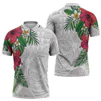 Hawaiian Tropical Plants Zipper Polo Shirt Kakau Tattoo and Polynesian Pattern Half White Color LT03 - Polynesian Pride