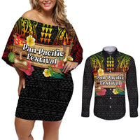Hawaiian Elements and Polynesian Tattoo Couples Matching Off Shoulder Short Dress and Long Sleeve Button Shirt LT03 Black - Polynesian Pride