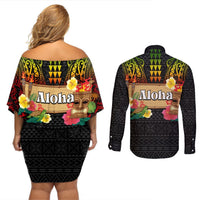 Hawaiian Elements and Polynesian Tattoo Couples Matching Off Shoulder Short Dress and Long Sleeve Button Shirt LT03 - Polynesian Pride