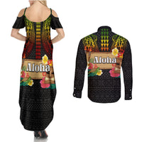 Hawaiian Elements and Polynesian Tattoo Couples Matching Summer Maxi Dress and Long Sleeve Button Shirt LT03 - Polynesian Pride