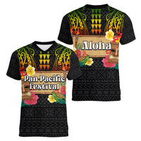 Hawaii Pan-Pacific Festival Women V Neck T Shirt Hawaiian Elements and Polynesian Tattoo