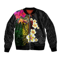 Hawaii Plumeria Bomber Jacket Polynesian Tattoo and Hibiscus LT03 Unisex Black - Polynesian Pride