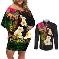 Hawaii Plumeria Couples Matching Off Shoulder Short Dress and Long Sleeve Button Shirt Polynesian Tattoo and Hibiscus LT03 Black - Polynesian Pride