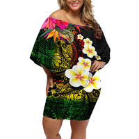Hawaii Plumeria Off Shoulder Short Dress Polynesian Tattoo and Hibiscus LT03 Women Black - Polynesian Pride