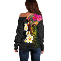 Hawaii Plumeria Off Shoulder Sweater Polynesian Tattoo and Hibiscus
