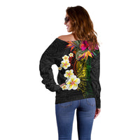 Hawaii Plumeria Off Shoulder Sweater Polynesian Tattoo and Hibiscus