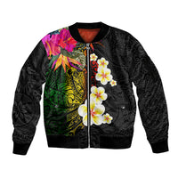 Hawaii Plumeria Sleeve Zip Bomber Jacket Polynesian Tattoo and Hibiscus LT03 Unisex Black - Polynesian Pride