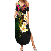 Hawaii Plumeria Summer Maxi Dress Polynesian Tattoo and Hibiscus LT03 Women Black - Polynesian Pride