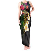 Hawaii Plumeria Tank Maxi Dress Polynesian Tattoo and Hibiscus LT03 Women Black - Polynesian Pride