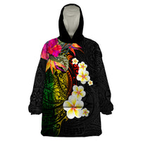 Hawaii Plumeria Wearable Blanket Hoodie Polynesian Tattoo and Hibiscus LT03 One Size Black - Polynesian Pride