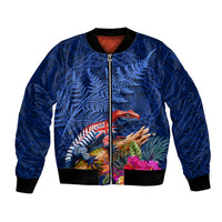 New Zealand Tuatara Bomber Jacket Silver Fern Hibiscus and Tribal Maori Pattern Blue Color LT03 Unisex Blue - Polynesian Pride