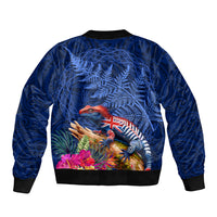New Zealand Tuatara Bomber Jacket Silver Fern Hibiscus and Tribal Maori Pattern Blue Color LT03 - Polynesian Pride