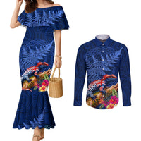 New Zealand Tuatara Couples Matching Mermaid Dress and Long Sleeve Button Shirt Silver Fern Hibiscus and Tribal Maori Pattern Blue Color LT03 Blue - Polynesian Pride