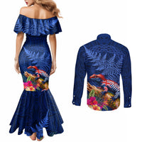 New Zealand Tuatara Couples Matching Mermaid Dress and Long Sleeve Button Shirt Silver Fern Hibiscus and Tribal Maori Pattern Blue Color LT03 - Polynesian Pride