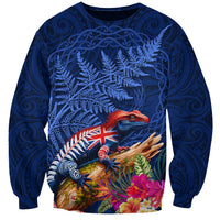 New Zealand Tuatara Sweatshirt Silver Fern Hibiscus and Tribal Maori Pattern Blue Color LT03 Unisex Blue - Polynesian Pride