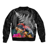 New Zealand Tuatara Bomber Jacket Silver Fern Hibiscus and Tribal Maori Pattern Black Color LT03 - Polynesian Pride