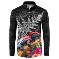 New Zealand Tuatara Button Sweatshirt Silver Fern Hibiscus and Tribal Maori Pattern Black Color LT03 Black - Polynesian Pride