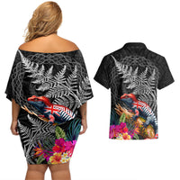 New Zealand Tuatara Couples Matching Off Shoulder Short Dress and Hawaiian Shirt Silver Fern Hibiscus and Tribal Maori Pattern Black Color