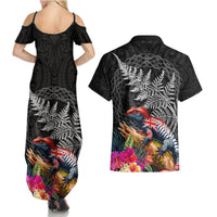 New Zealand Tuatara Couples Matching Summer Maxi Dress and Hawaiian Shirt Silver Fern Hibiscus and Tribal Maori Pattern Black Color LT03 - Polynesian Pride