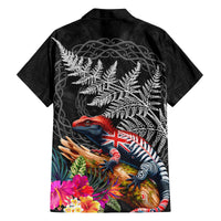 New Zealand Tuatara Family Matching Off Shoulder Short Dress and Hawaiian Shirt Silver Fern Hibiscus and Tribal Maori Pattern Black Color