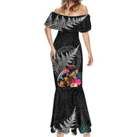 New Zealand Tuatara Mermaid Dress Silver Fern Hibiscus and Tribal Maori Pattern Black Color LT03 - Polynesian Pride