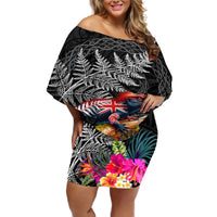 New Zealand Tuatara Off Shoulder Short Dress Silver Fern Hibiscus and Tribal Maori Pattern Black Color LT03 Women Black - Polynesian Pride