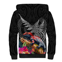 New Zealand Tuatara Sherpa Hoodie Silver Fern Hibiscus and Tribal Maori Pattern Black Color LT03 - Polynesian Pride