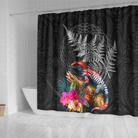 New Zealand Tuatara Shower Curtain Silver Fern Hibiscus and Tribal Maori Pattern Black Color