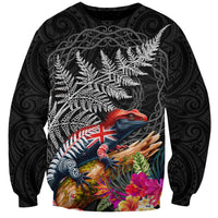 New Zealand Tuatara Sweatshirt Silver Fern Hibiscus and Tribal Maori Pattern Black Color LT03 Unisex Black - Polynesian Pride