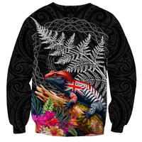 New Zealand Tuatara Sweatshirt Silver Fern Hibiscus and Tribal Maori Pattern Black Color LT03 - Polynesian Pride