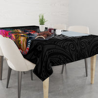 New Zealand Tuatara Tablecloth Silver Fern Hibiscus and Tribal Maori Pattern Black Color LT03 - Polynesian Pride
