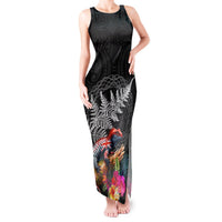 New Zealand Tuatara Tank Maxi Dress Silver Fern Hibiscus and Tribal Maori Pattern Black Color LT03 Women Black - Polynesian Pride