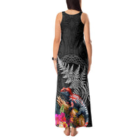 New Zealand Tuatara Tank Maxi Dress Silver Fern Hibiscus and Tribal Maori Pattern Black Color