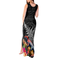 New Zealand Tuatara Tank Maxi Dress Silver Fern Hibiscus and Tribal Maori Pattern Black Color