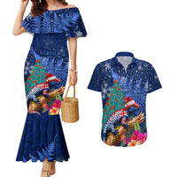 New Zealand Tuatara Christmas Couples Matching Mermaid Dress and Hawaiian Shirt Silver Fern and Xmas Pohutukawa Tree Blue Color LT03 Blue - Polynesian Pride