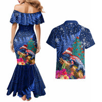 New Zealand Tuatara Christmas Couples Matching Mermaid Dress and Hawaiian Shirt Silver Fern and Xmas Pohutukawa Tree Blue Color LT03 - Polynesian Pride