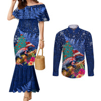New Zealand Tuatara Christmas Couples Matching Mermaid Dress and Long Sleeve Button Shirt Silver Fern and Xmas Pohutukawa Tree Blue Color LT03 Blue - Polynesian Pride
