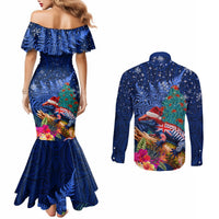 New Zealand Tuatara Christmas Couples Matching Mermaid Dress and Long Sleeve Button Shirt Silver Fern and Xmas Pohutukawa Tree Blue Color LT03 - Polynesian Pride