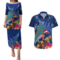 New Zealand Tuatara Christmas Couples Matching Puletasi and Hawaiian Shirt Silver Fern and Xmas Pohutukawa Tree Blue Color LT03 Blue - Polynesian Pride