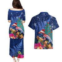 New Zealand Tuatara Christmas Couples Matching Puletasi and Hawaiian Shirt Silver Fern and Xmas Pohutukawa Tree Blue Color LT03 - Polynesian Pride