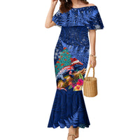 New Zealand Tuatara Christmas Family Matching Mermaid Dress and Hawaiian Shirt Silver Fern and Xmas Pohutukawa Tree Blue Color