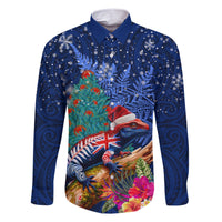 New Zealand Tuatara Christmas Family Matching Short Sleeve Bodycon Dress and Hawaiian Shirt Silver Fern and Xmas Pohutukawa Tree Blue Color