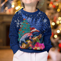 New Zealand Tuatara Christmas Kid Ugly Christmas Sweater Silver Fern and Xmas Pohutukawa Tree Blue Color
