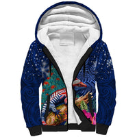 New Zealand Tuatara Christmas Sherpa Hoodie Silver Fern and Xmas Pohutukawa Tree Blue Color LT03 Unisex Blue - Polynesian Pride