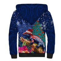 New Zealand Tuatara Christmas Sherpa Hoodie Silver Fern and Xmas Pohutukawa Tree Blue Color LT03 - Polynesian Pride