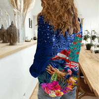 New Zealand Tuatara Christmas Women Casual Shirt Silver Fern and Xmas Pohutukawa Tree Blue Color