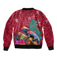 New Zealand Tuatara Christmas Bomber Jacket Silver Fern and Xmas Pohutukawa Tree Red Color LT03 - Polynesian Pride