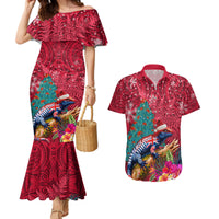 New Zealand Tuatara Christmas Couples Matching Mermaid Dress and Hawaiian Shirt Silver Fern and Xmas Pohutukawa Tree Red Color LT03 Red - Polynesian Pride