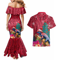New Zealand Tuatara Christmas Couples Matching Mermaid Dress and Hawaiian Shirt Silver Fern and Xmas Pohutukawa Tree Red Color LT03 - Polynesian Pride